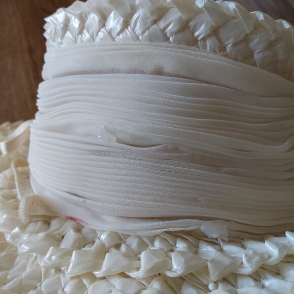 Vintage Cellophane Straw Hat Cream White 19.75" Boutique New York Montreal AS IS - Picture 6 of 8